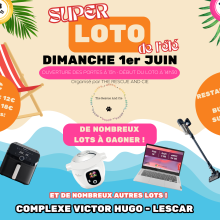 🎉 SUPER LOTO DE L’ÉTÉ - DIMANCHE 1er JUIN 🎉 🌞 Viens tenter ta chance avec The Rescue And Cie ! 📍 Complexe Victor Hugo – LESCAR 🕐 Ouverture des portes à 13h – Début du loto à 14h30 🎁 De nombreux lots à gagner : 🍟 Air fryer Moulinex, 🍲 Cookéo Moulinex, 🧹 Aspirateur balai Rowenta, 💻 ordinateur portable Lenovo… ✨ Et plein d’autres surprises ! 🎫 Tarifs des cartons : 1️⃣ carton = 5€ 3️⃣ cartons = 12€ 6️⃣ cartons = 18€ 🔟 cartons = 25€ 🍔 Restauration & buvette sur place!