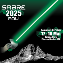 Championnat de France M20 Escrime Affiche noire et verte avec un sabre et les pyrénées