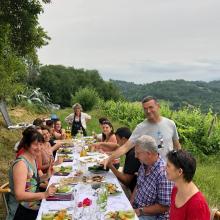partage du repas préparé à table au pied des vignes devant les Pyrénées