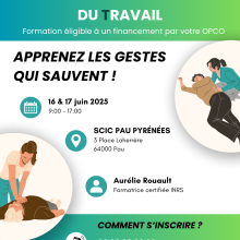 Affiche d’information pour la formation initiale Sauveteur Secouriste du Travail des 16 et 17 juin 2025. Inscription possible par téléphone au 06 09 09 80 36 ou par mail à aurelie.rouault.formation@gmail.com