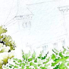 Travail de peinture à l'aquarelle, les platanes qui soulignent une façade du château de Pau saisie à la mine graphite