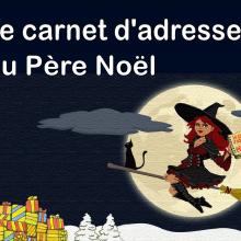 Une sorcière sur un balai volant, tenant à la main le carnet d'adresses du Père Noël.