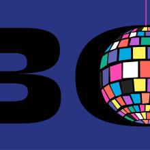 Visuel de la fête du Bel Ordinaire, composé des lettres BO sur fond bleu nuit, avec une boule à facettes multicolore dans le O. 