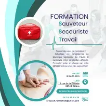 Affiche pour s'inscrire à la Formation MAC Sauveteur Secouriste du Travail (SST) Session d'1 jour le 19 mars 2026, organisée à Billère.  Cette affiche met en avant l’importance de se former aux gestes qui sauvent, en présentant une formation certifiante SST accessible via les OPCO. Elle indique les informations clés : dates, lieu, contact, et modalités d’inscription, avec une mise en page claire, des visuels évocateurs (trousse de secours, gestes de réanimation...)