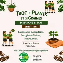 Venez avec vos plantes graines, boutures, semis... pour les échanger et partager des conseils ! Date de l’événement : 31 mai 2026 de 9h30 à 13h Adresse: place de la Liberté, 41 rue Louis Barthou 64110 Gelos E-mail : grainesdetransitiongelos@gmail.com