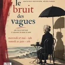 Dessin d'une vieille dame assise sous un parapluie, face à la mer, avec un rideau de théâtre ouvert sur le côté gauche