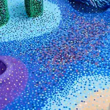 Maquette d'un projet de Lili Gayman et Baptiste Viala, composée de points bleus, violets, verts, en vue de composer un jardin d'eau salée. 