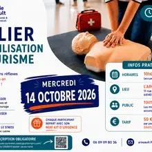 Affiche pour s'inscrire à un atelier de premiers secours. Session de 3h30 jour le 10 mars 2026, organisée à Billère.  Cette affiche met en avant l’importance de se former aux premiers secours. 