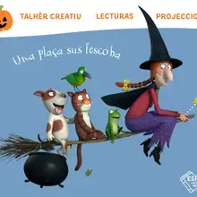 Une sorcière et des animaux volent sur un balai