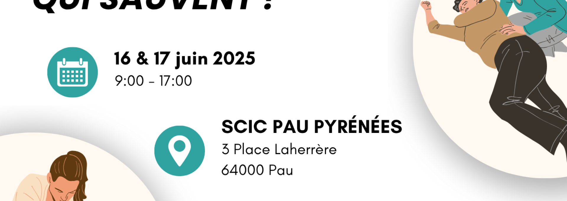 Affiche d’information pour la formation initiale Sauveteur Secouriste du Travail des 16 et 17 juin 2025. Inscription possible par téléphone au 06 09 09 80 36 ou par mail à aurelie.rouault.formation@gmail.com