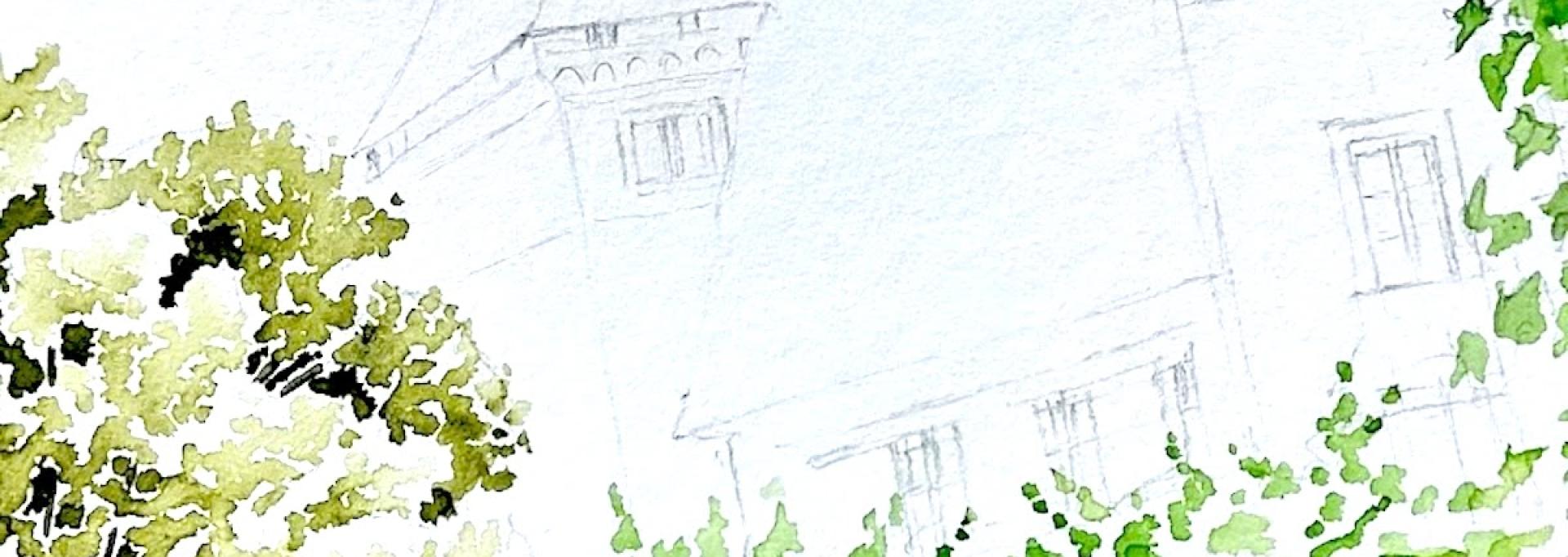 Travail de peinture à l'aquarelle, les platanes qui soulignent une façade du château de Pau saisie à la mine graphite