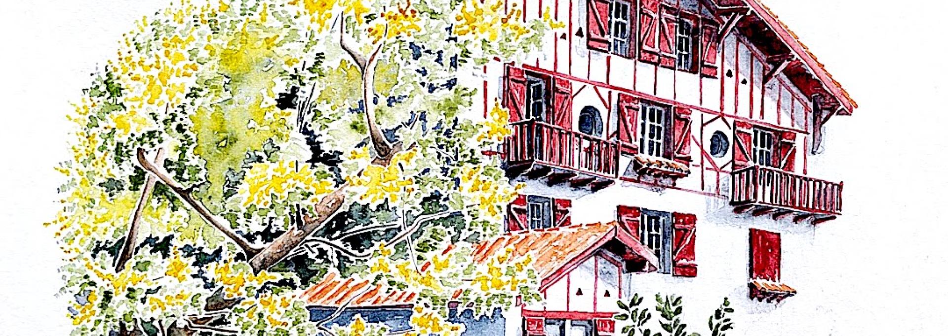 Etxe au mimosa, aquarelle peinte in situ par Cécile Van Espen, le 13 février 2024 à Anglet. En premier plan, sur la moitié gauche, un mimosa en fleur se penche vers un etxe. Il passe devant le bâtiment et empiète légérement sur la façade principale. Cette dernière occupe toute la moitié droite, elle est légèrement de profil. Toutes les boiseries sont rouges.