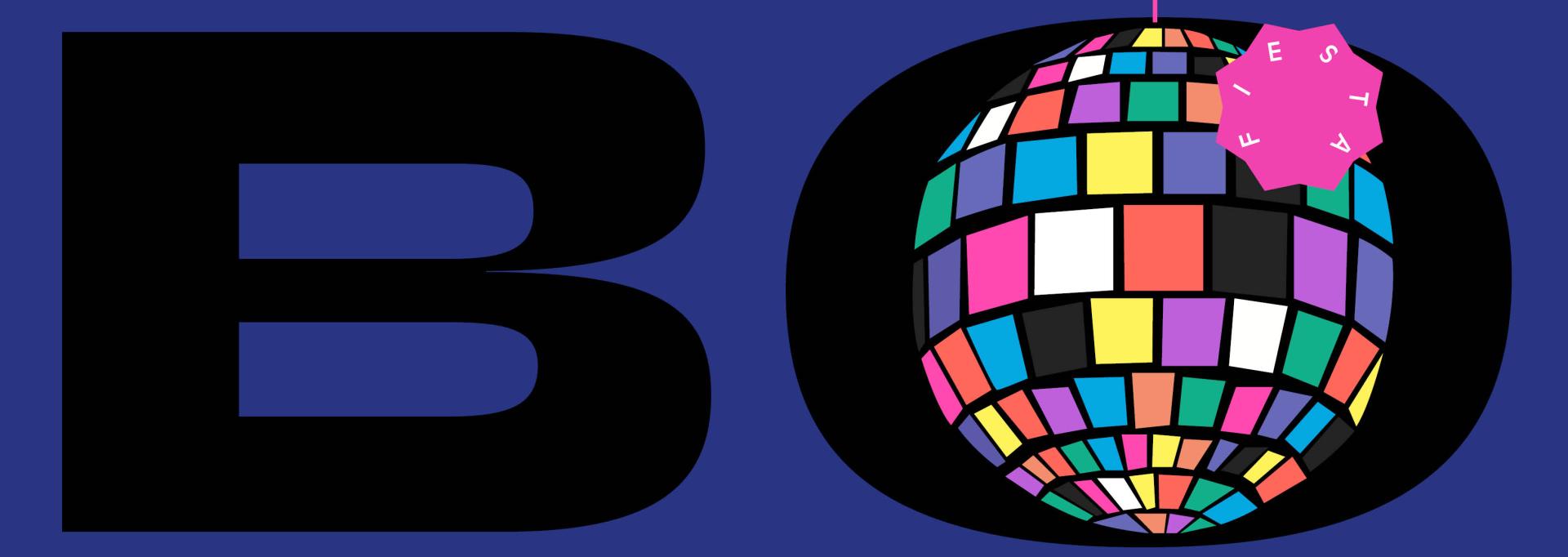 Visuel de la fête du Bel Ordinaire, composé des lettres BO sur fond bleu nuit, avec une boule à facettes multicolore dans le O. 