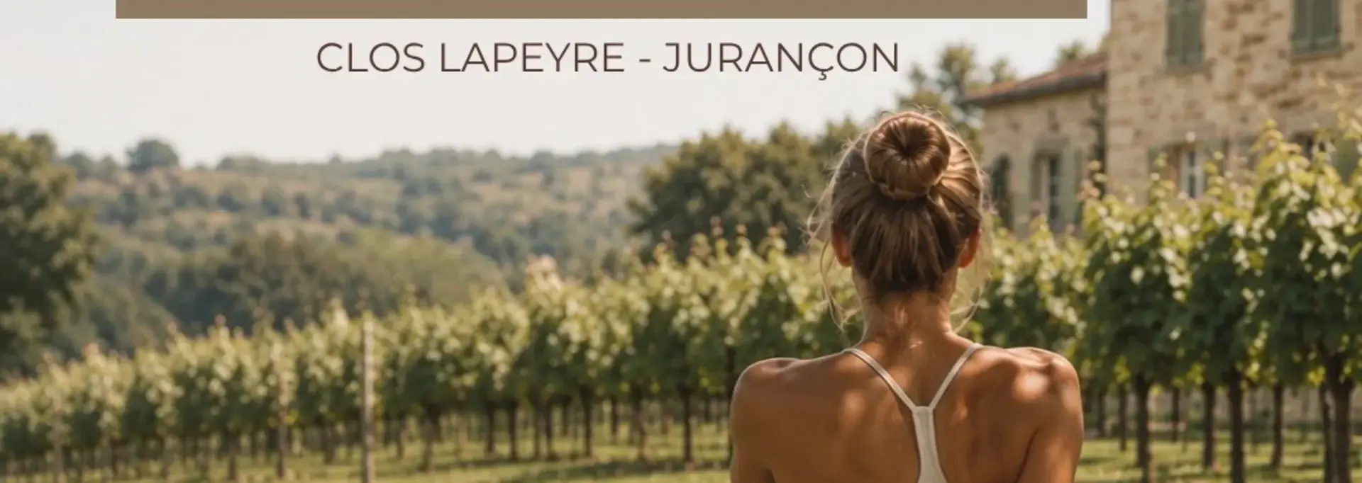 Affiche annonçant une matinée Pilates & Wine au Clos Lapeyre à Jurançon, avec séance de Pilates, visite du domaine, dégustation de vins et accords mets-vins, le samedi 12 septembre à 10h30.