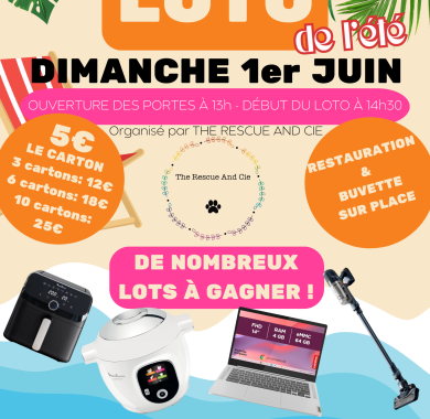 🎉 SUPER LOTO DE L’ÉTÉ - DIMANCHE 1er JUIN 🎉 🌞 Viens tenter ta chance avec The Rescue And Cie ! 📍 Complexe Victor Hugo – LESCAR 🕐 Ouverture des portes à 13h – Début du loto à 14h30 🎁 De nombreux lots à gagner : 🍟 Air fryer Moulinex, 🍲 Cookéo Moulinex, 🧹 Aspirateur balai Rowenta, 💻 ordinateur portable Lenovo… ✨ Et plein d’autres surprises ! 🎫 Tarifs des cartons : 1️⃣ carton = 5€ 3️⃣ cartons = 12€ 6️⃣ cartons = 18€ 🔟 cartons = 25€ 🍔 Restauration & buvette sur place!