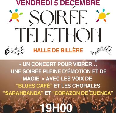 Soirée au profit de l’AFM Téléthon le vendredi 5decembre à 19h à la halle