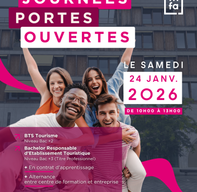 Journée Portes Ouvertes - samedi 24 janvier 2026  Date : samedi 24 janvier 2026  Horaires : 10h à 13h  Lieu : INFA PAU - Pôle Laherrère | 3 place Laherrère - 64000 Pau  Contact / inscription : 05 59 98 50 50 | ciotti@infa-formation.com