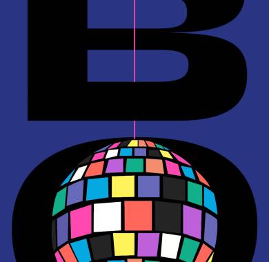 Visuel de la fête du Bel Ordinaire, composé des lettres BO sur fond bleu nuit, avec une boule à facettes multicolore dans le O. 