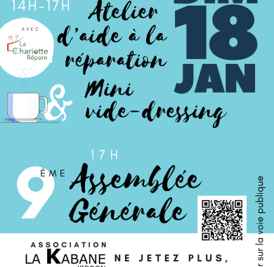 14h repair café et mini vide dressing puis 17h assemblée générale de l'association La Kabane au chateau d'idron le 18 janvier