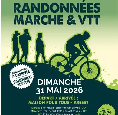 Après une édition réussie en 2022, l'Association des Parents d'Elèves de l'Ecole d'Aressy vous propose une nouvelle randonnée avec 3 parcours de VTT et 2 parcours de marche. A l'arrivée une restauration vous sera proposée avec une buvette des sandwichs et des crêpes ! L’inscription en ligne est possible jusqu'au jour de l'évènement, elle est 1€ moins chère jusqu'au 25 mai inclus.