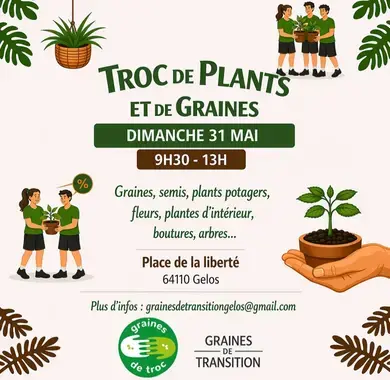 Venez avec vos plantes graines, boutures, semis... pour les échanger et partager des conseils ! Date de l’événement : 31 mai 2026 de 9h30 à 13h Adresse: place de la Liberté, 41 rue Louis Barthou 64110 Gelos E-mail : grainesdetransitiongelos@gmail.com