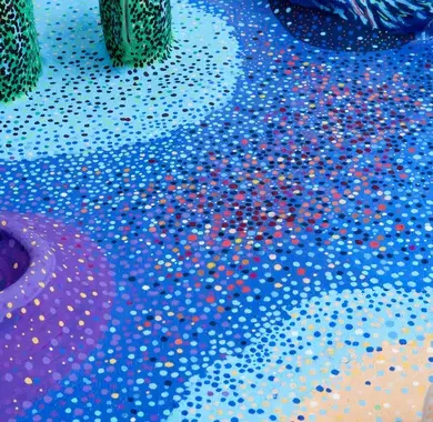 Maquette d'un projet de Lili Gayman et Baptiste Viala, composée de points bleus, violets, verts, en vue de composer un jardin d'eau salée. 