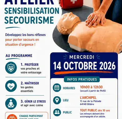 Affiche pour s'inscrire à un atelier de premiers secours. Session de 3h30 jour le 10 mars 2026, organisée à Billère.  Cette affiche met en avant l’importance de se former aux premiers secours. 