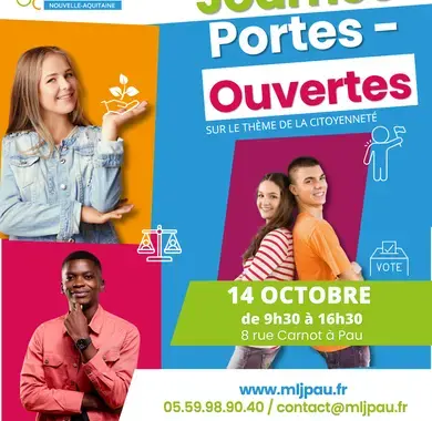 Visuel pour les Portes-Ouvertes de la Mission Locale de Pau. On y voit 4 jeunes, 2 garçon et 2 filles qui sourient, la date du 14 octobre et le contact de la Mission Locale
