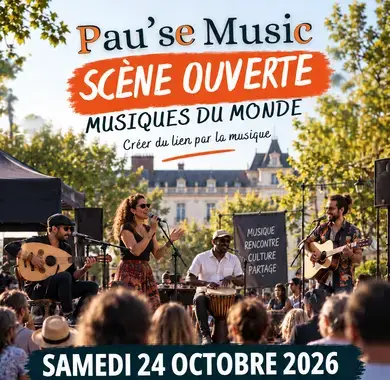 Affiche Pau’se Music : scène ouverte de musiques du monde, samedi 24 octobre 2026, place Laherrère à Pau. Buvette à 14 h, musique à 15 h. Entrée gratuite.