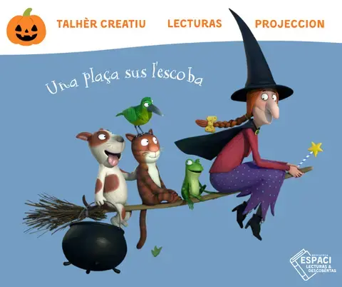 Une sorcière et des animaux volent sur un balai