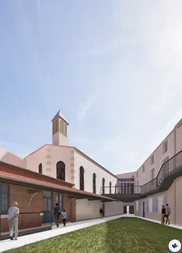 Une vue du patio et de la chapelle du couvent Lamothe quand il sera réhabilité.