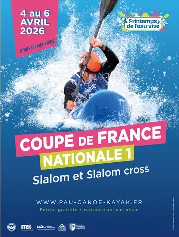 Image de l'affiche de la coupe de France Nationale 1 avec un kayakiste en arrière plan et le titre en premier plan