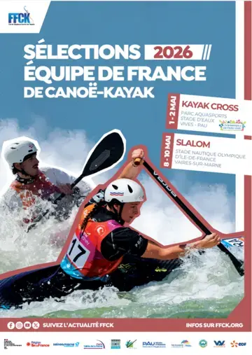 Image de l'affiche des sélections en équipe de Frane de canoë-kayak avec la présence de deux athlètes en photos et des dates des deux étapes de sélections